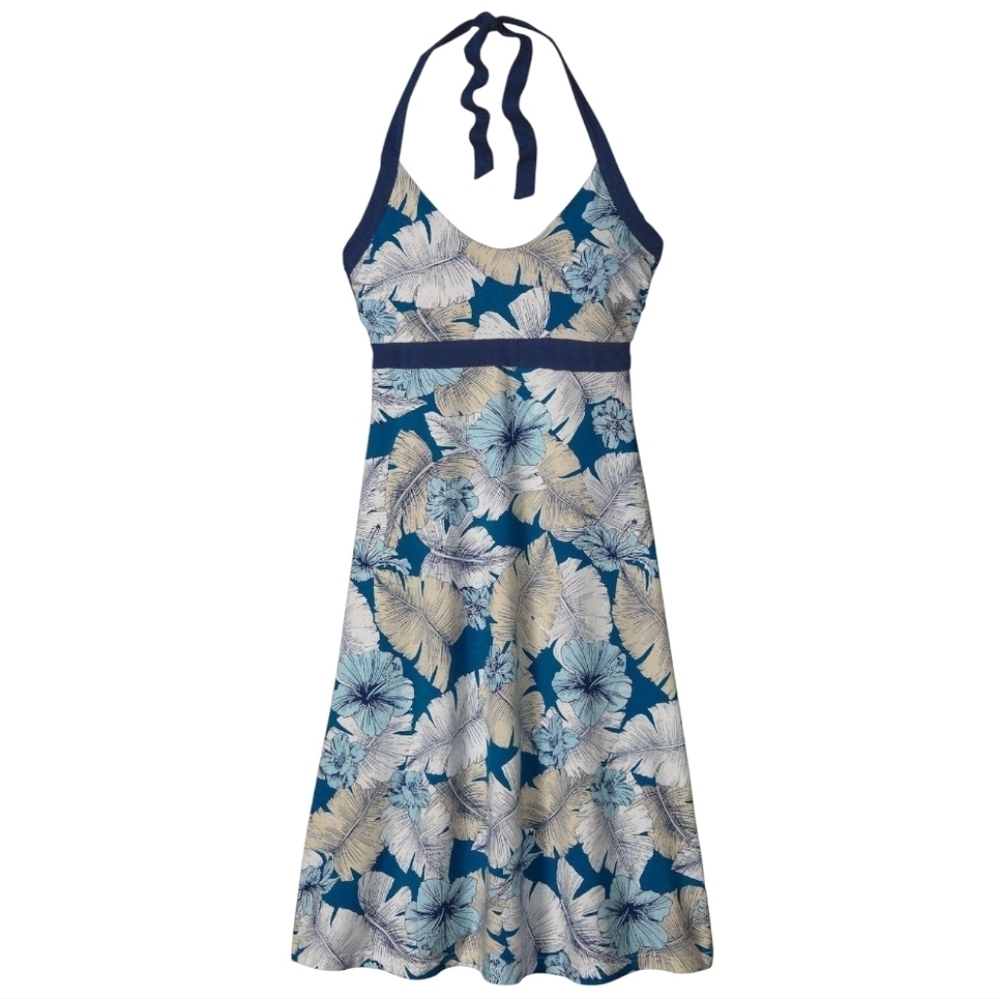 Patagonia Women Medium Halter Midi Dress Blue Floral Travel